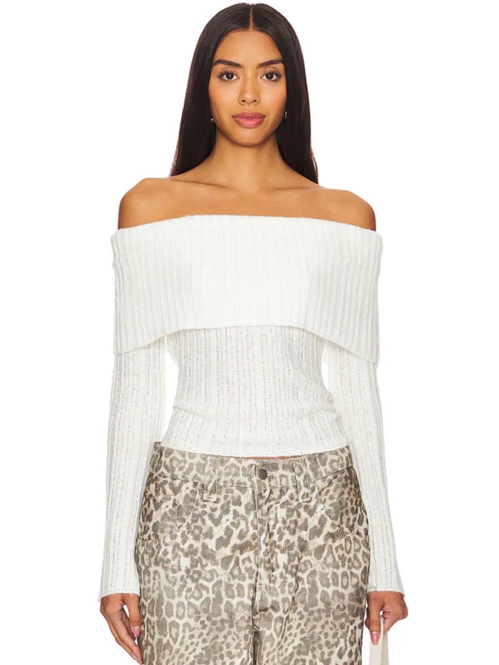 Revolve MORE TO COME Ingrid Cream Off-Shoulder Ribbed Sweater